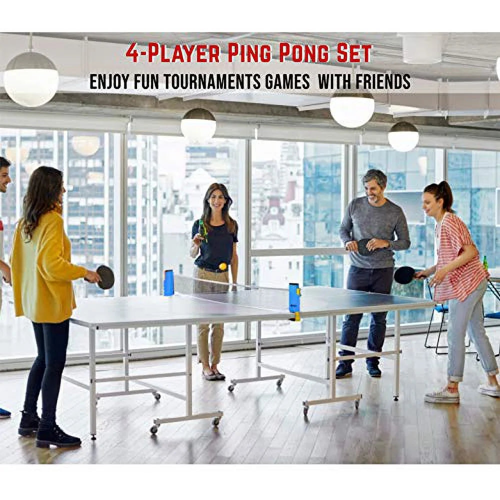 4 Professional Table Tennis Rackets, Retractable Net, 6 Balls, Carry Case E28453