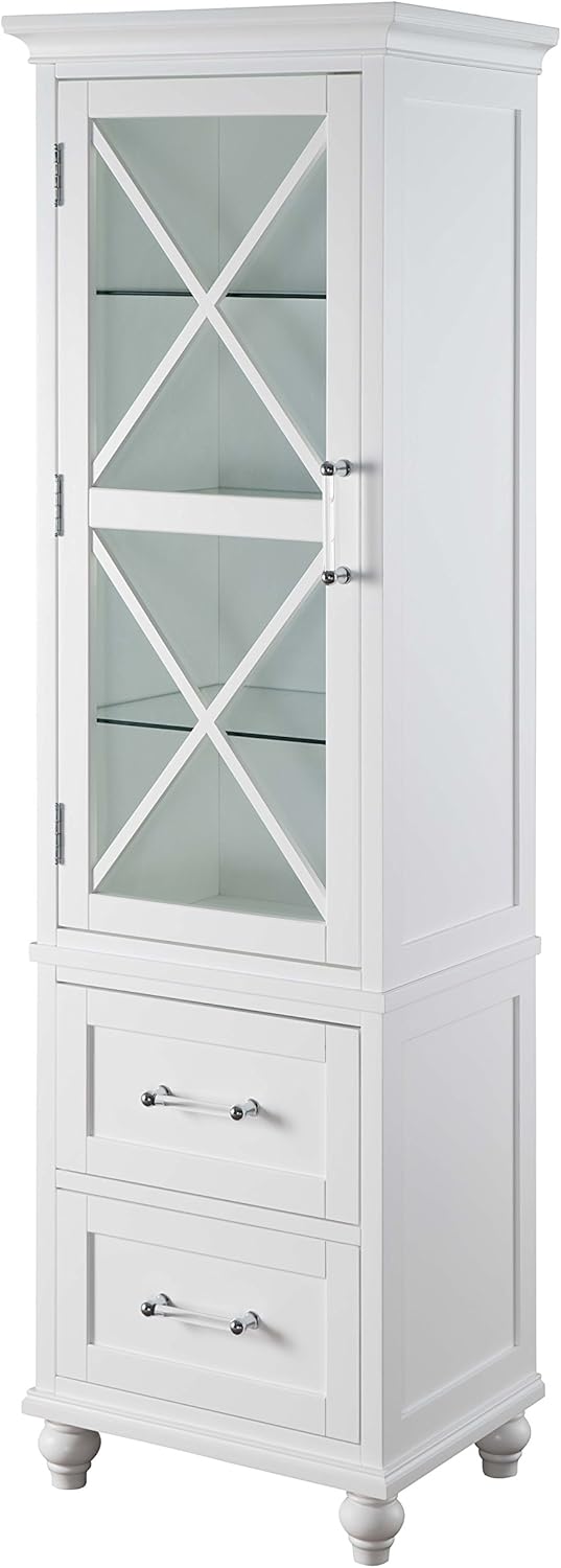 White Linen Tower Tall Narrow Storage Cabinet with 1 Door 3 Glass Tempered Shelves and 2 Drawers K787