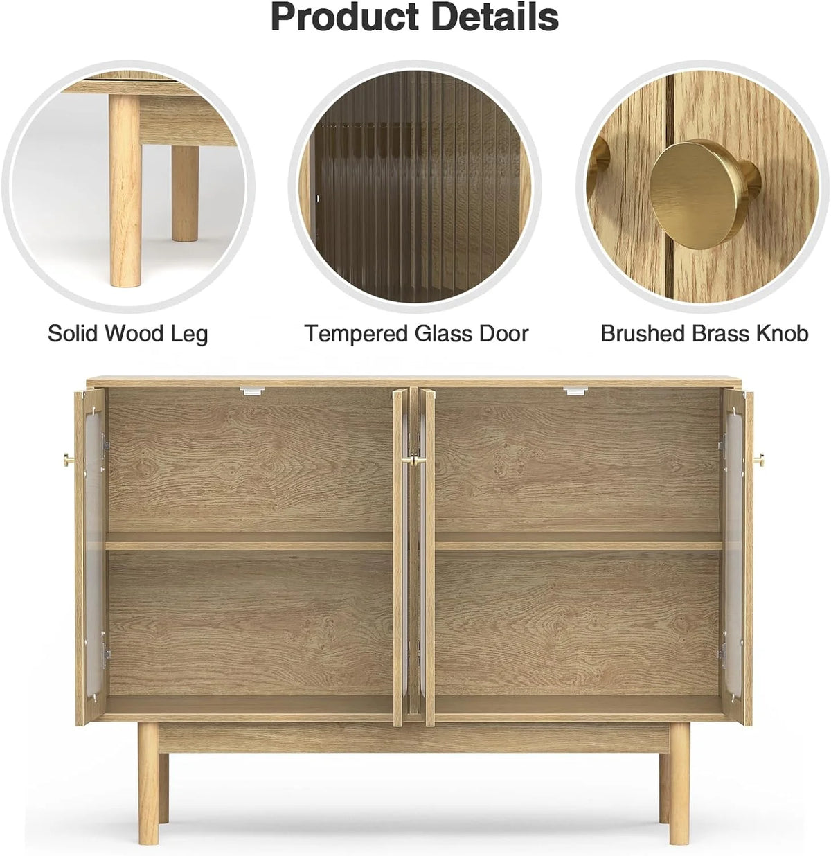 4 Door Wood Buffet Cabinet with Glass Door and Adjustable Shelves V140713