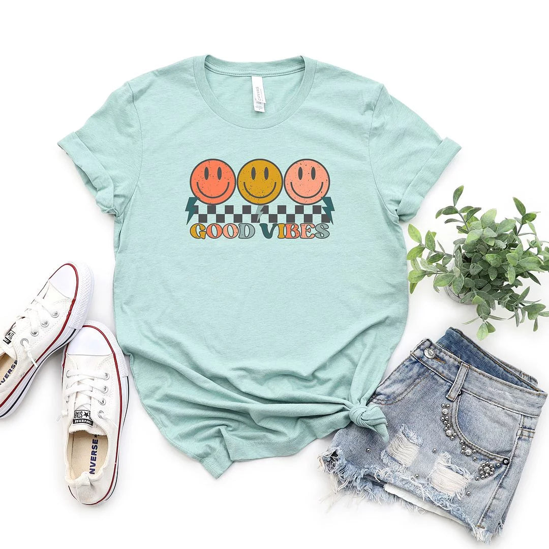 Checkered Smiley Face Short Sleeve Graphic Tee H13464