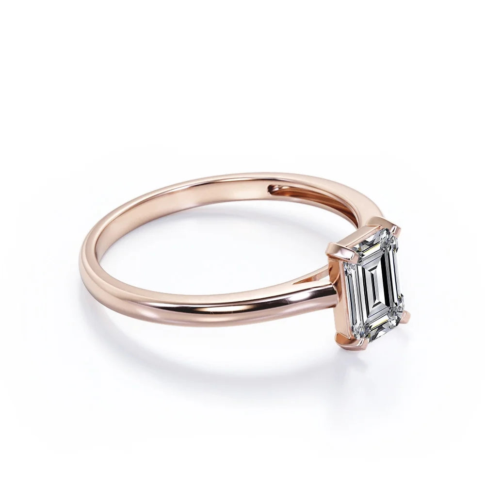 18K Rose Gold Plating Over Silver Emerald Cut Moissanite Solitaire Ring O1500