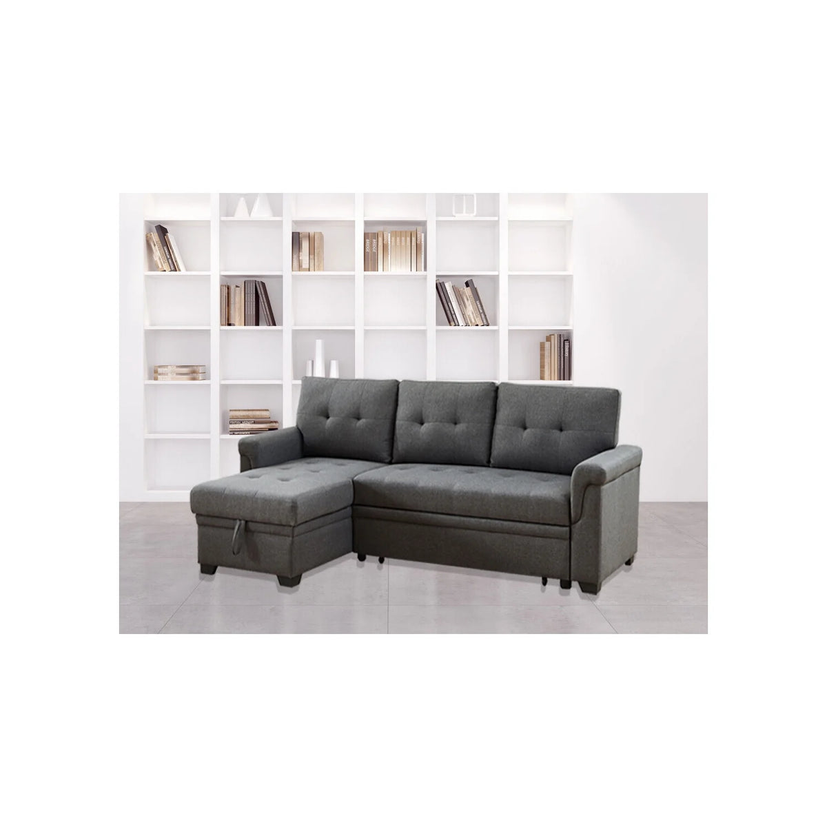 Light Gray Linen Reversible Sleeper Sectional Sofa with Storage Chaise D719
