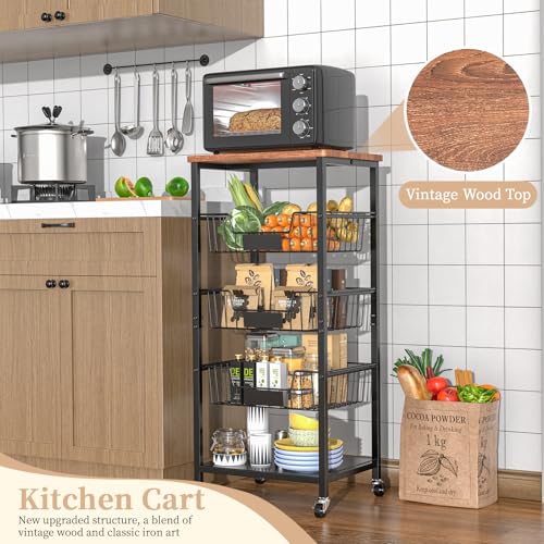 5-Tier Rolling Kitchen Storage Cart with Baskets and Wood Top J8765
