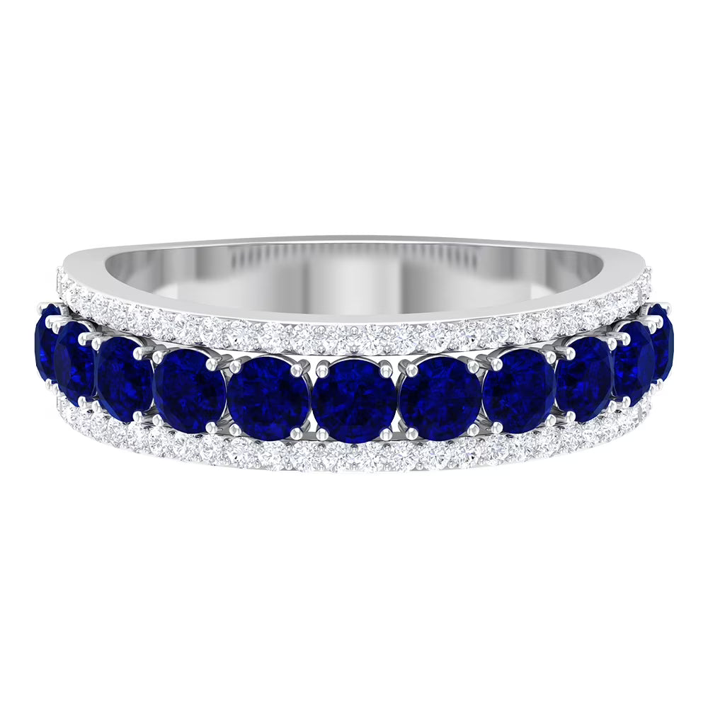 Blue Sapphire and Diamond Band Ring, 925 Sterling Silver U472541