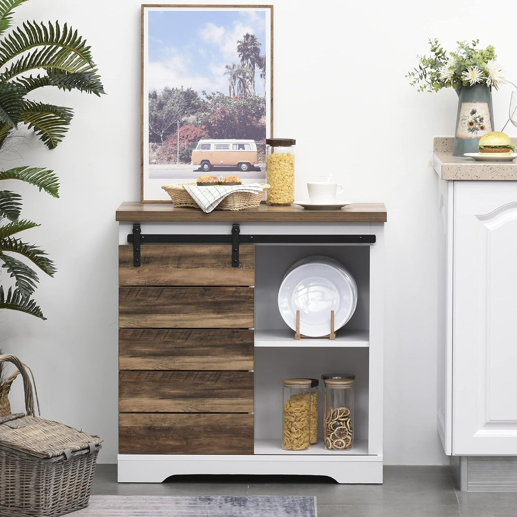 White/Brown Rustic Farmhouse Sideboard with Sliding Barn Door F1322