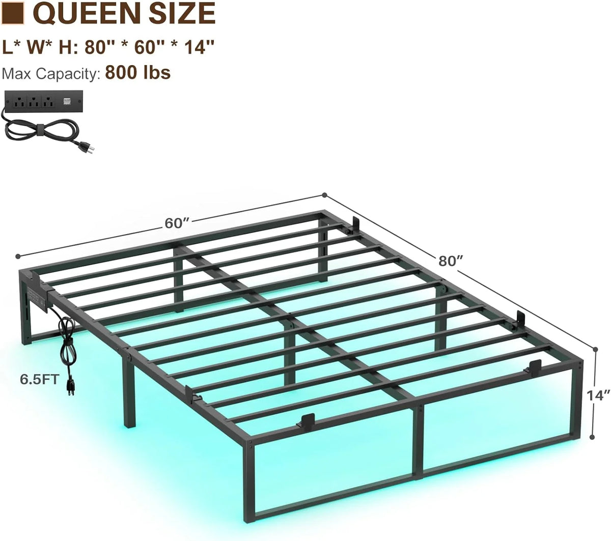 14 Inch Queen Size Metal Platform Bed Frame with Charging Station and LED Lights U4870