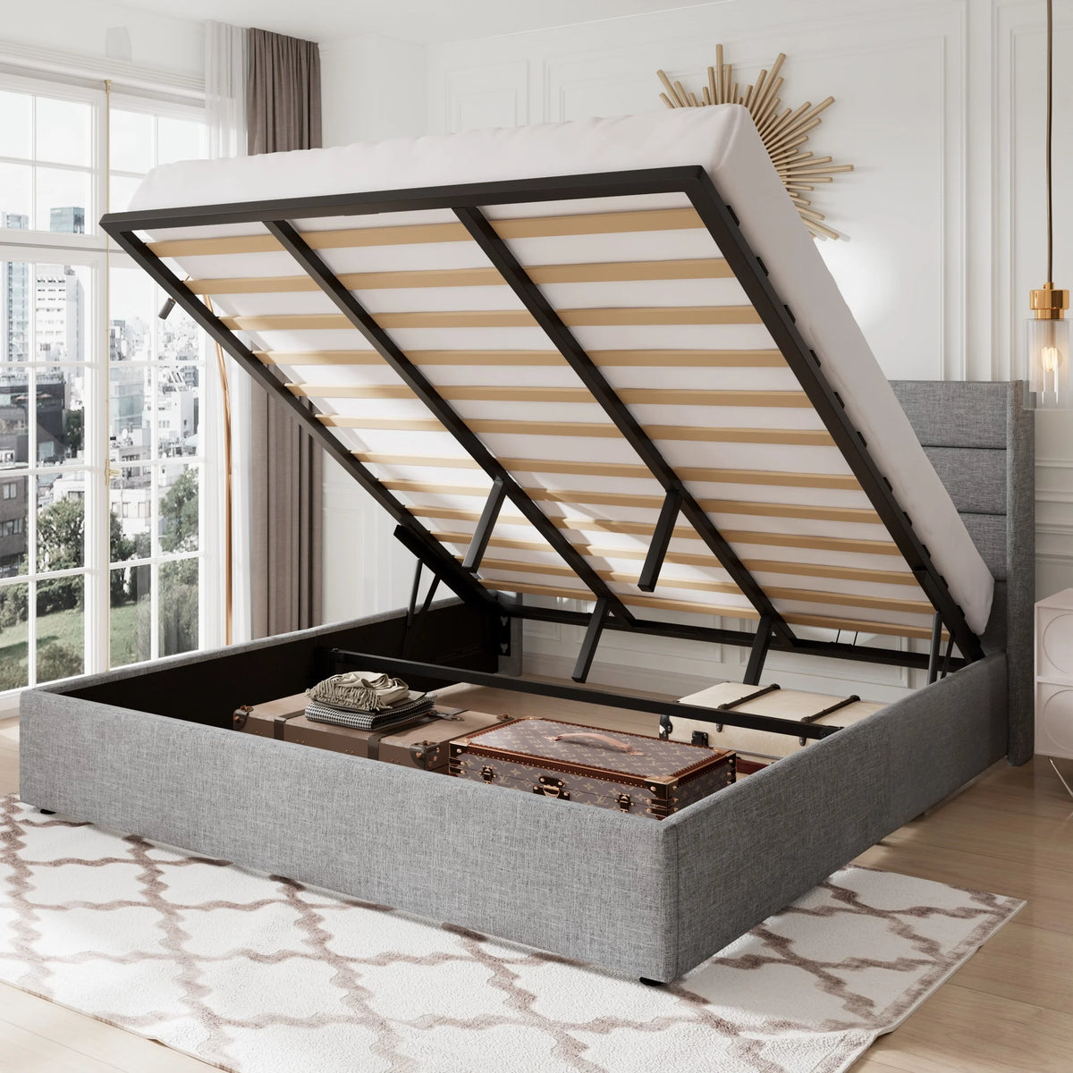 Queen Size Lift Up Storage Bed Frame with Wingback Headboard D6581