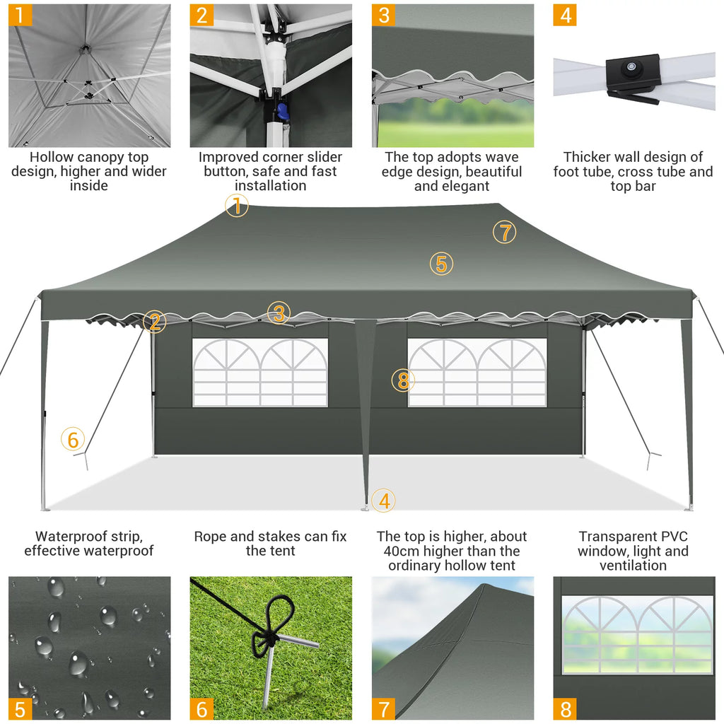 10' x 20' Pop Up Canopy Tent with 6 Removable Sidewalls, Carry Bag, 4 Sandbags, Gray L841