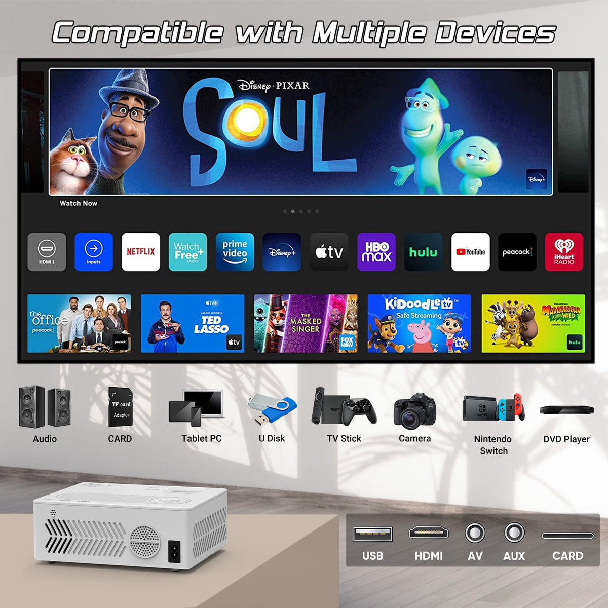 4K Supported Native 1080P Video Projector with 100" Screen Q28943