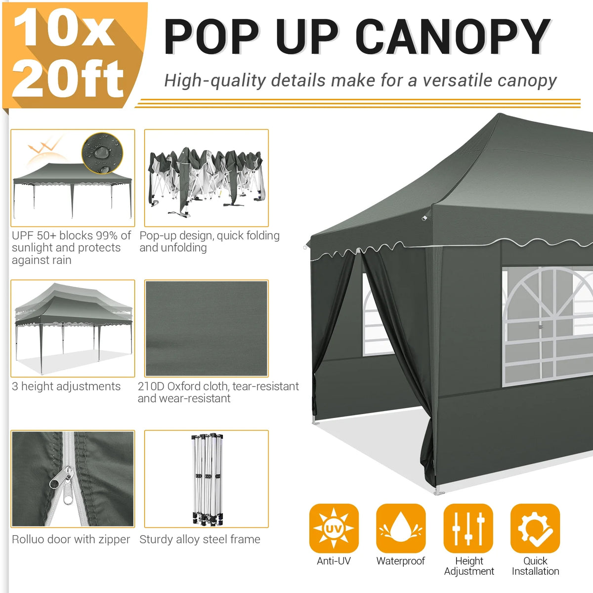 10' x 20' Pop Up Canopy Tent with 6 Removable Sidewalls, Carry Bag, 4 Sandbags, Gray L841