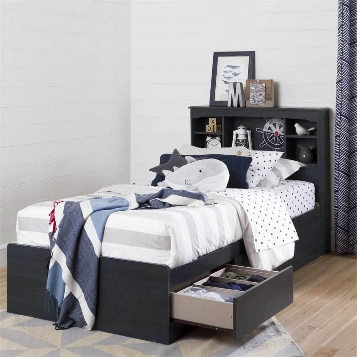 Blue Wood Twin Mates Bed with 3 Drawers H226