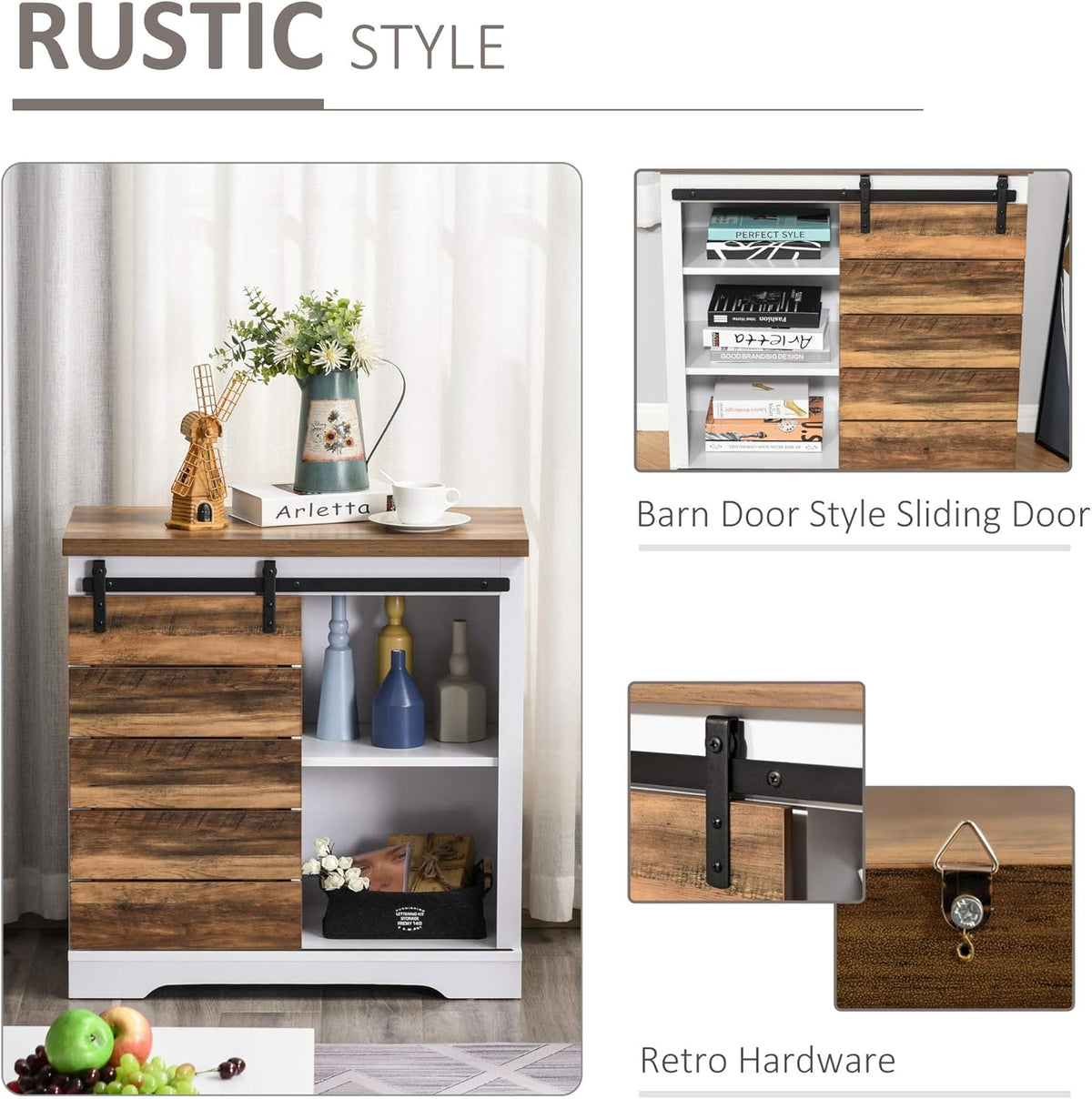 White/Brown Rustic Farmhouse Sideboard with Sliding Barn Door F1322