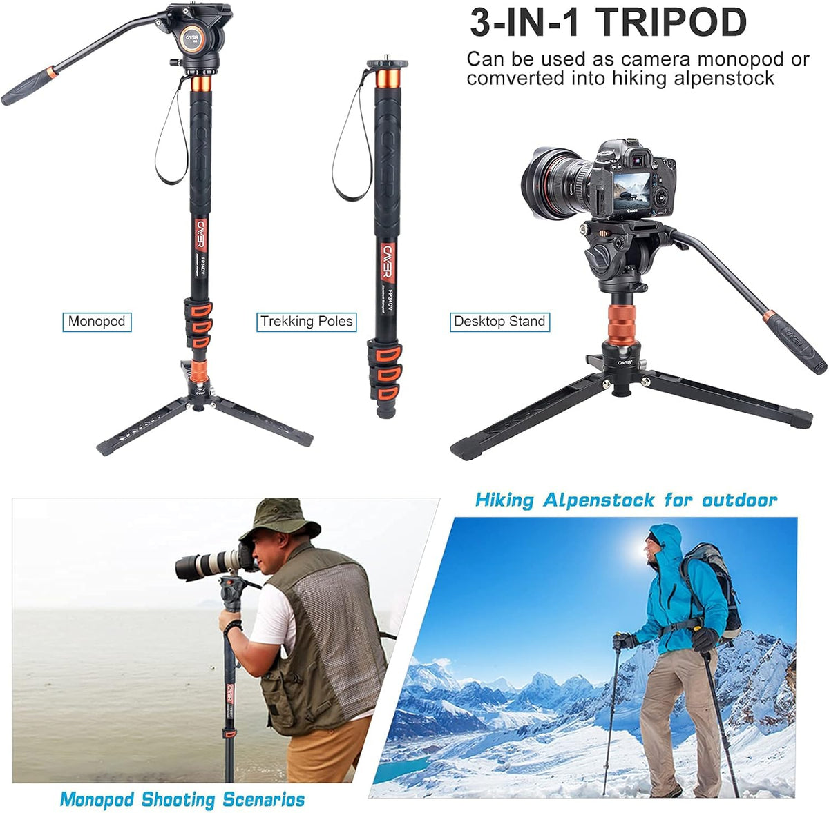 71 inch Lightweight Aluminum Monopod with Pan Tilt Fluid Head and Tripod Base W411