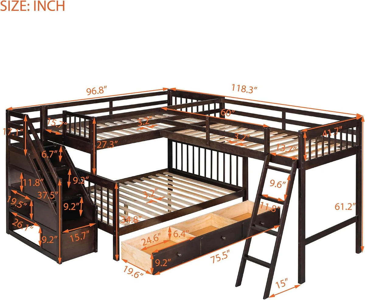L Shaped Bunk Bed with 3 Drawers and Stairs Q482077