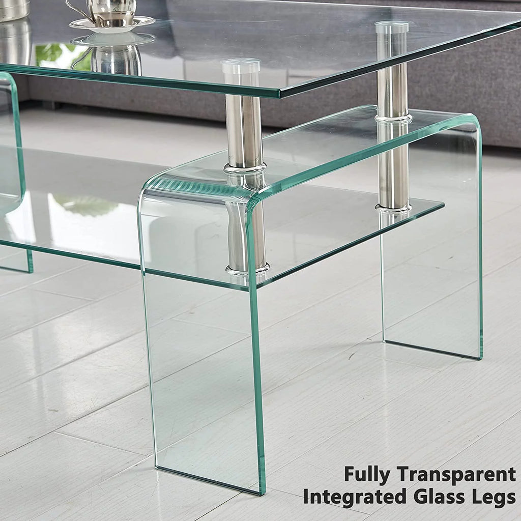 Glass Coffee Table End Table Sets of 3 with Storage Metal Leg X6323