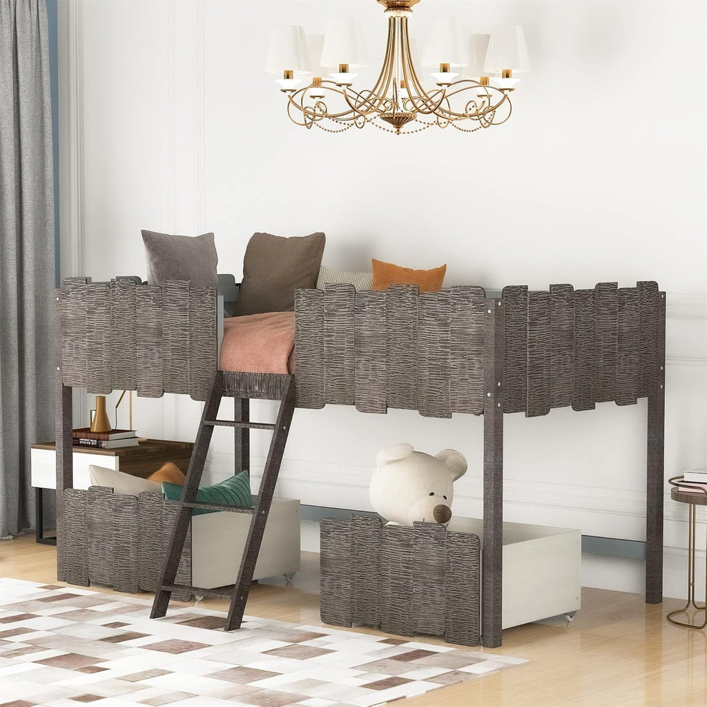 Twin Size Espresso Loft Bed with Desk and Storage Cabinet R8502