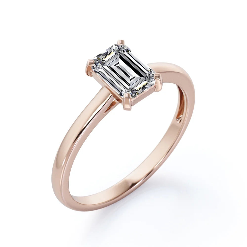 18K Rose Gold Plating Over Silver Emerald Cut Moissanite Solitaire Ring O1500