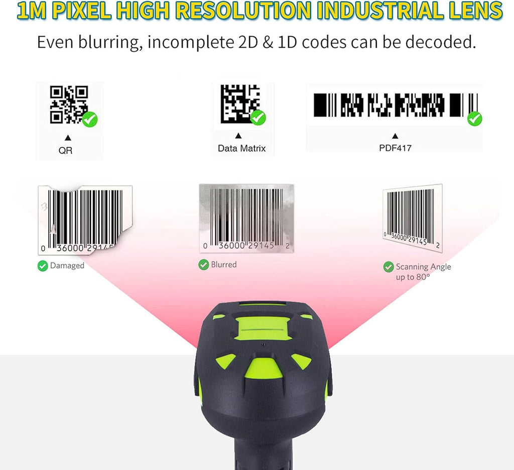 2D Industrial Barcode Scanner with Wireless Charging Stand, 433Mhz Wireless & Bluetooth 2in1, Pack of 2 N77336