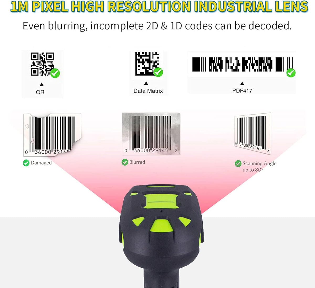 2D Industrial Barcode Scanner with Wireless Charging Stand, 433Mhz Wireless & Bluetooth 2in1, Pack of 2 N77336