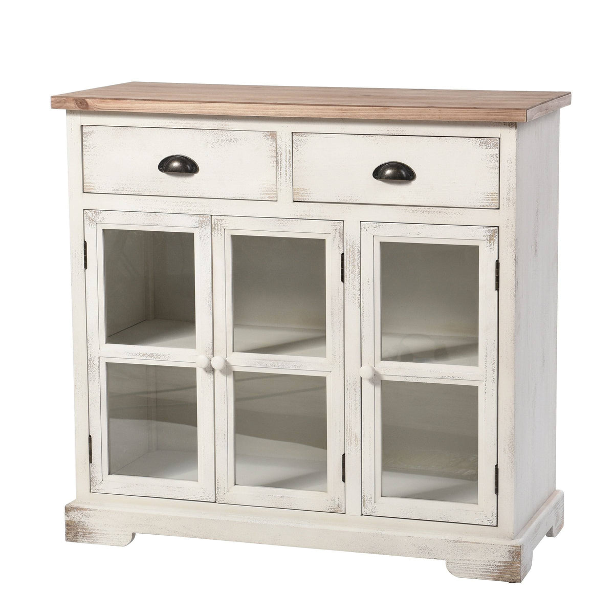 3 Door 2 Drawer Shabby Chic Window Pane Cabinet Antique White Natural E16568