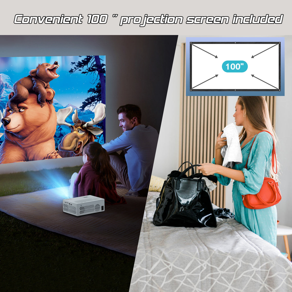 4K Supported Native 1080P Video Projector with 100" Screen Q28943