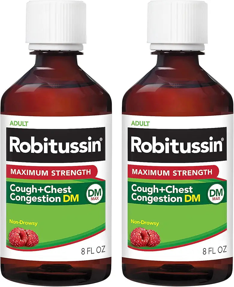 Maximum Strength Cough Plus Chest Congestion DM Cough Suppressant and Expectorant Raspberry Flavor 8 Fl Oz x 2 K8554