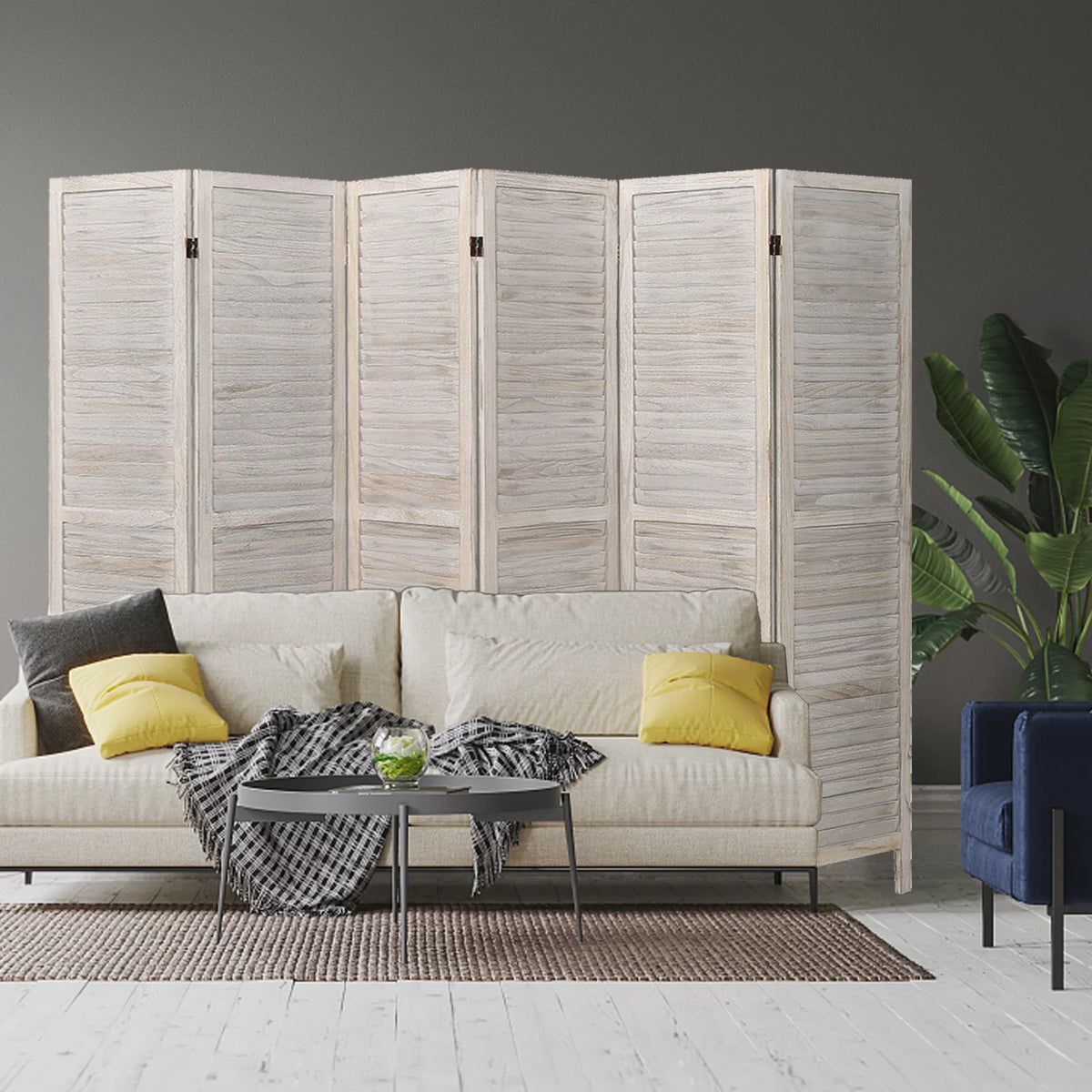 6 Panel Louver-Design Wood Room Divider Folding Screen 5.6 Ft Tall White X939