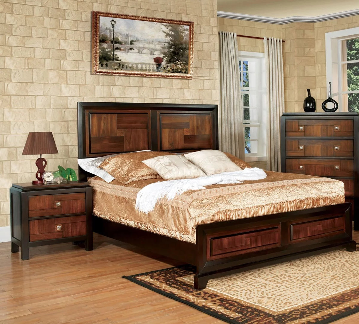 Walnut Acacia Finish 3pc Eastern King Size Bed and 2 Nightstands T80787