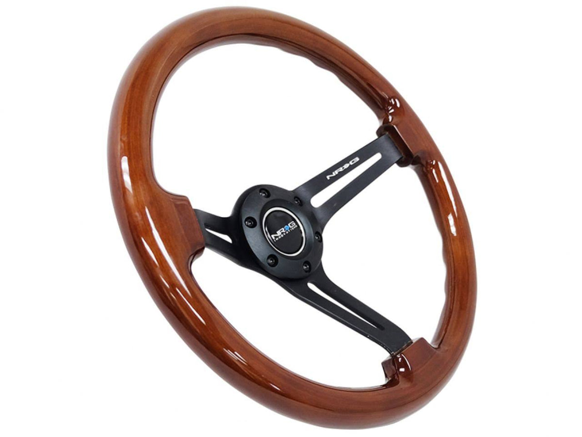 3-Spoke 350mm Brown Wood Grain Steering Wheel with Black Matte Spokes W650
