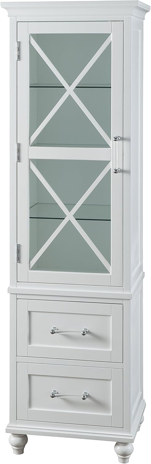 White Linen Tower Tall Narrow Storage Cabinet with 1 Door 3 Glass Tempered Shelves and 2 Drawers K787
