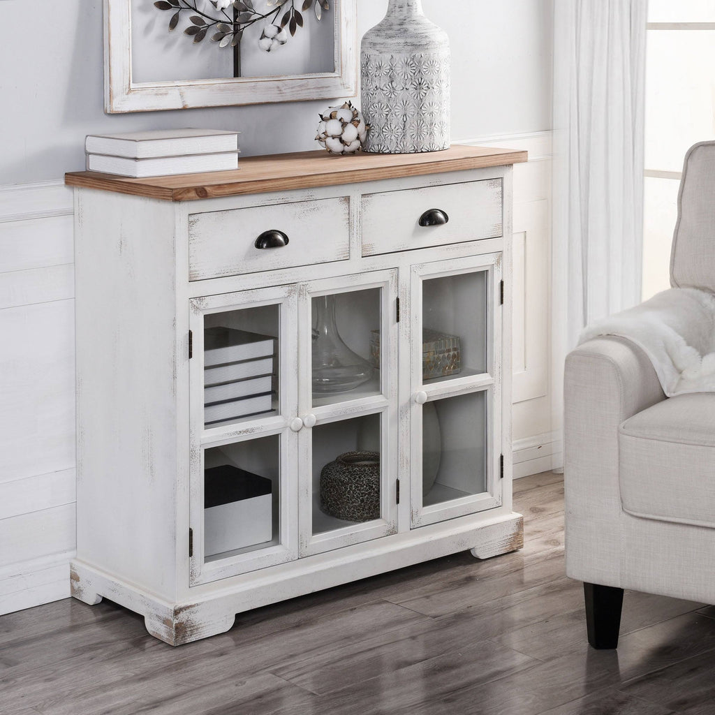 3 Door 2 Drawer Shabby Chic Window Pane Cabinet Antique White Natural E16568
