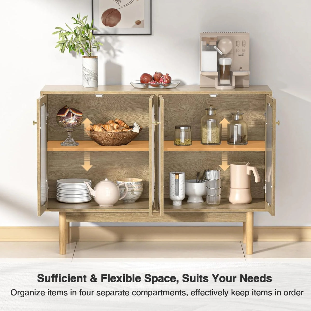 4 Door Wood Buffet Cabinet with Glass Door and Adjustable Shelves V140713