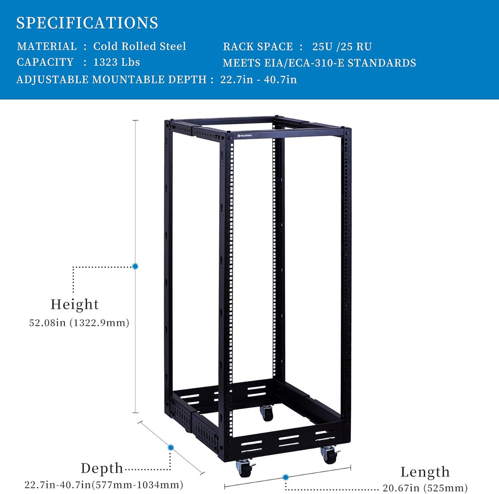25U Open Frame Server Rack, 4 Post Adjustable Depth with Casters R235