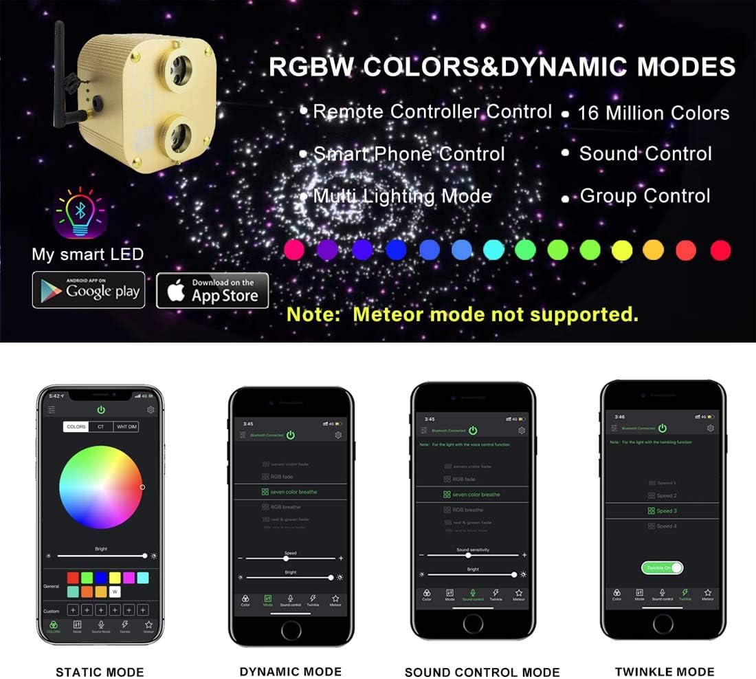 Bluetooth Fiber Optic Star Ceiling Lighting Kits Mixed 335pcs 13.1ft Fiber Strands End Glow RGBW Music Mode Light Source O332458