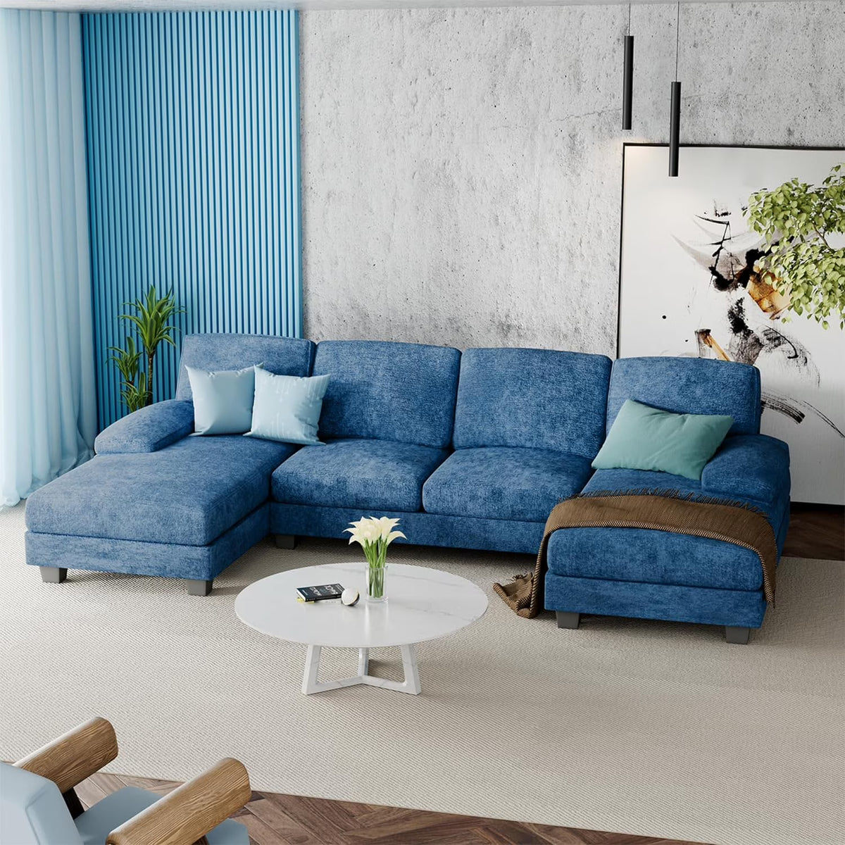 Blue Modular Convertible Sectional Sofa Couch with Double Chaise K932