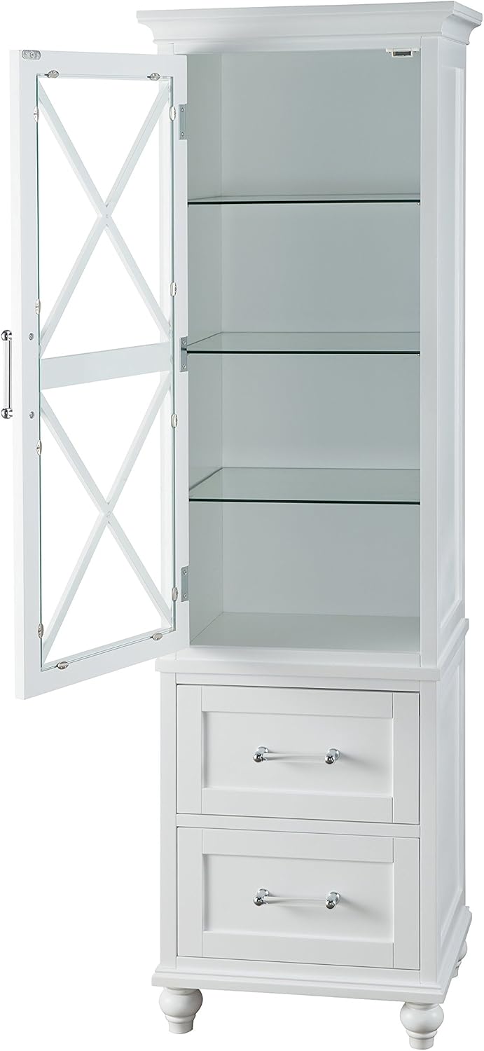 White Linen Tower Tall Narrow Storage Cabinet with 1 Door 3 Glass Tempered Shelves and 2 Drawers K787