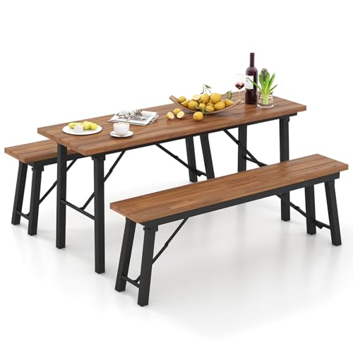 Foldable 59 Inches Narrow Outdoor Dining Table with Benches D925363