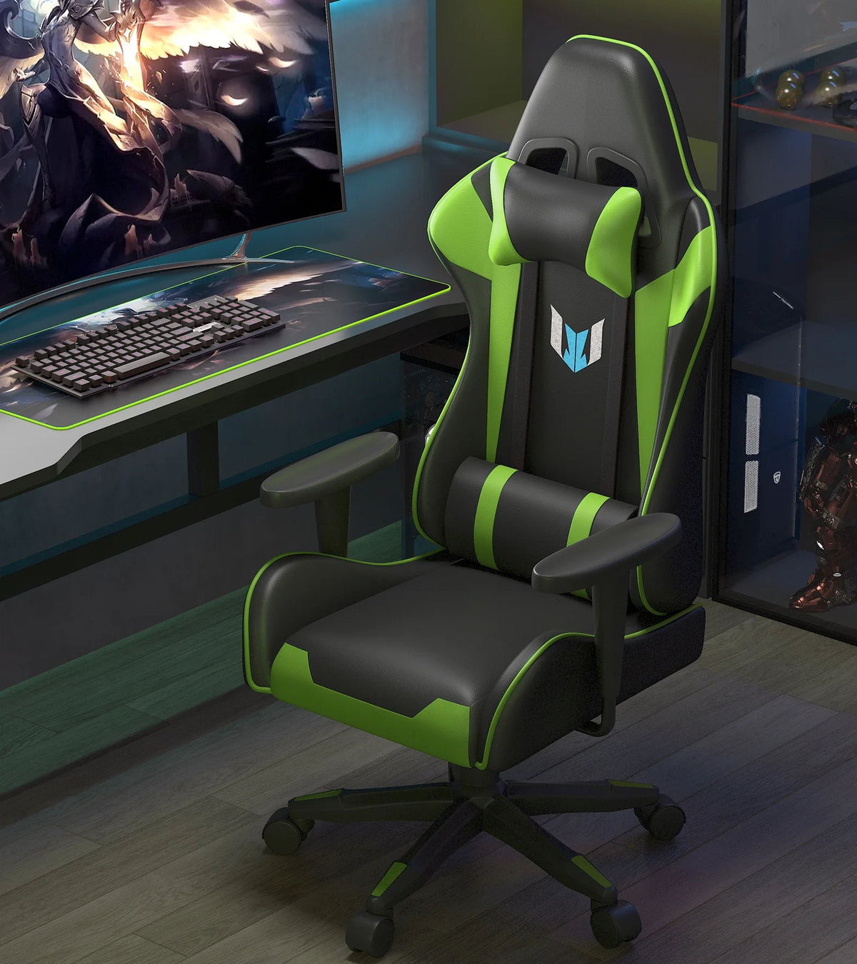 Black Green Gaming Chair with Headrest and Lumbar Support Z406