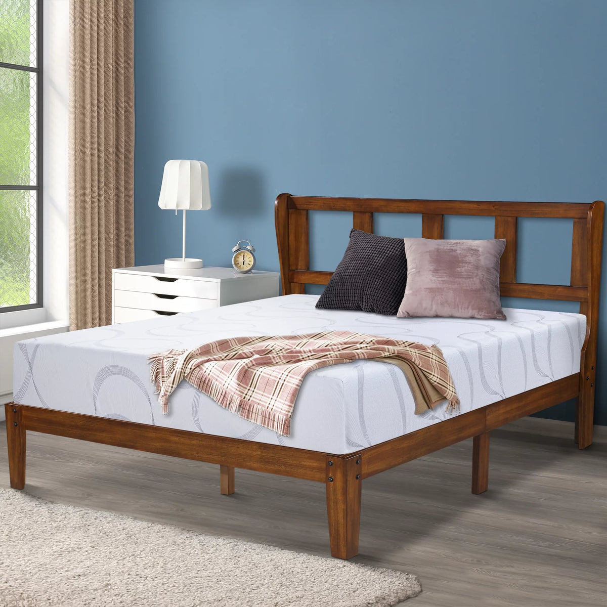 14" Full-Sized Wood Platform Bed with Headboard S5332