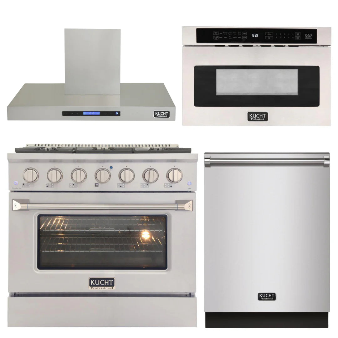36 in. Natural Gas Range, Range Hood, Microwave Drawer & Dishwasher G79243