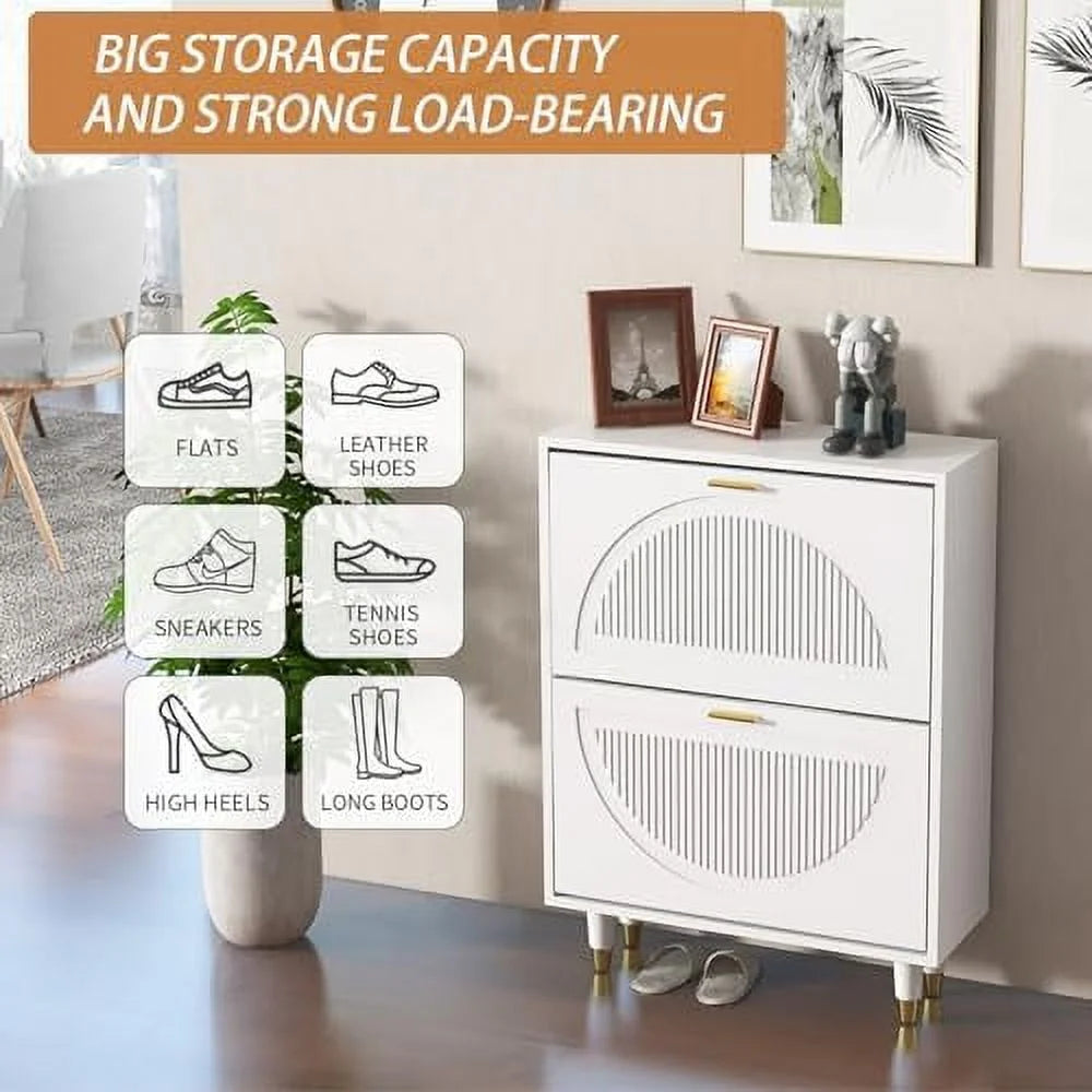White 2 Flip Drawers Slim Shoe Cabinet G82491