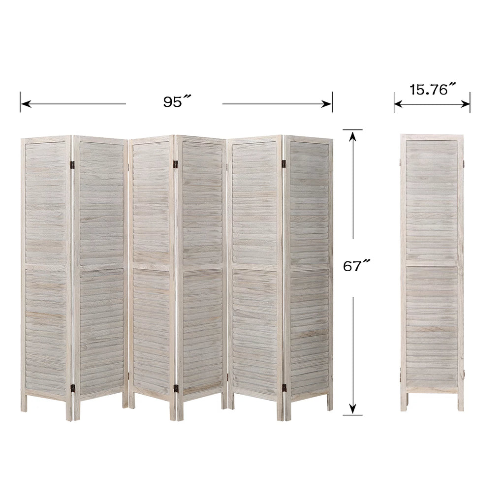 6 Panel Louver-Design Wood Room Divider Folding Screen 5.6 Ft Tall White X939