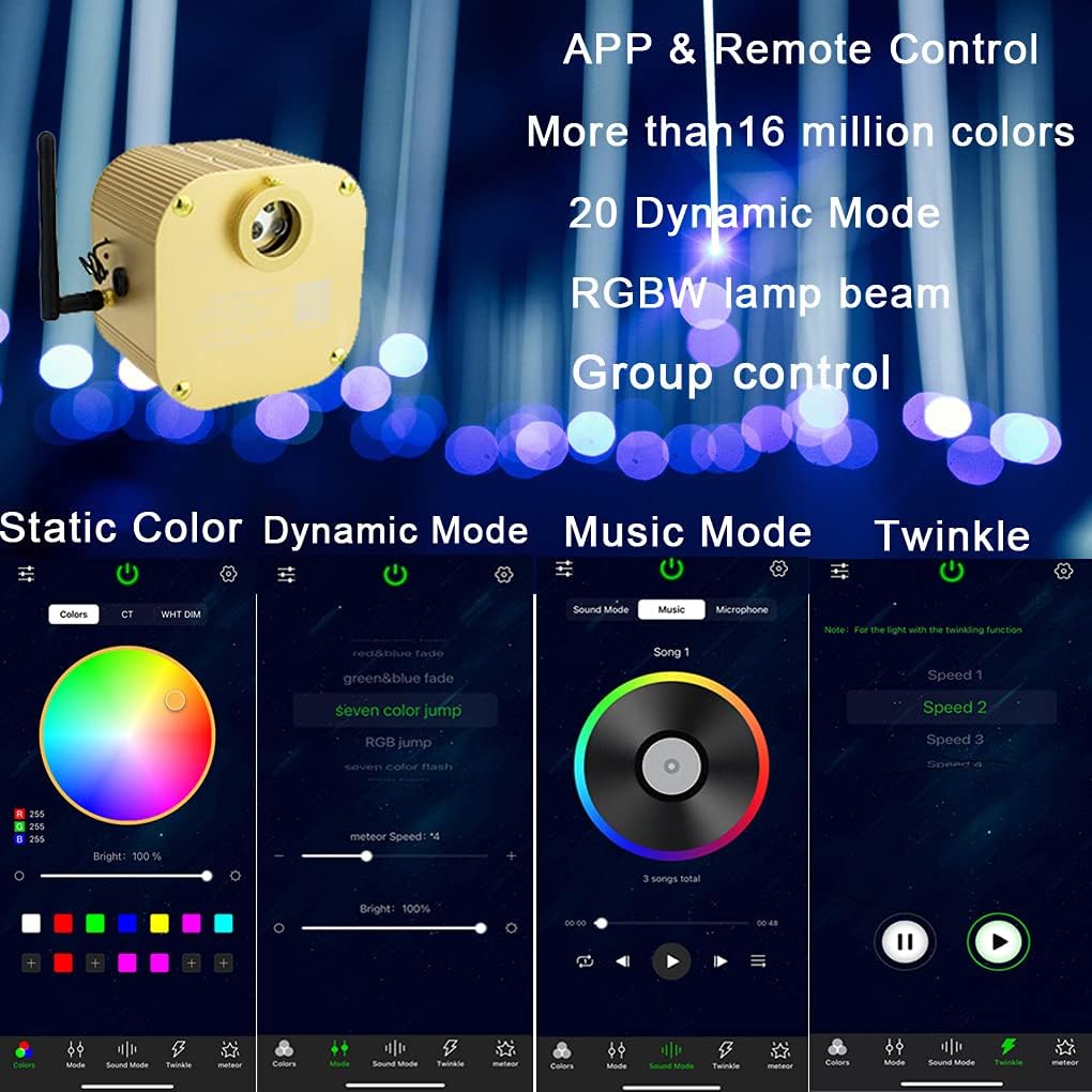 Bluetooth Fiber Optic Star Ceiling Lighting Kits Mixed 335pcs 13.1ft Fiber Strands End Glow RGBW Music Mode Light Source O332458