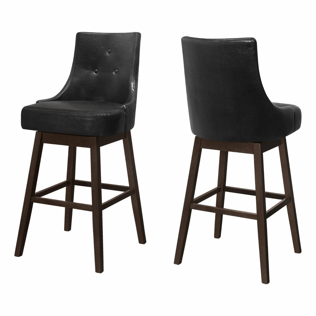 Bar Stool, Set Of 2, Swivel, Bar Height, Brown Wood, Black PU, 45.5" H F472634