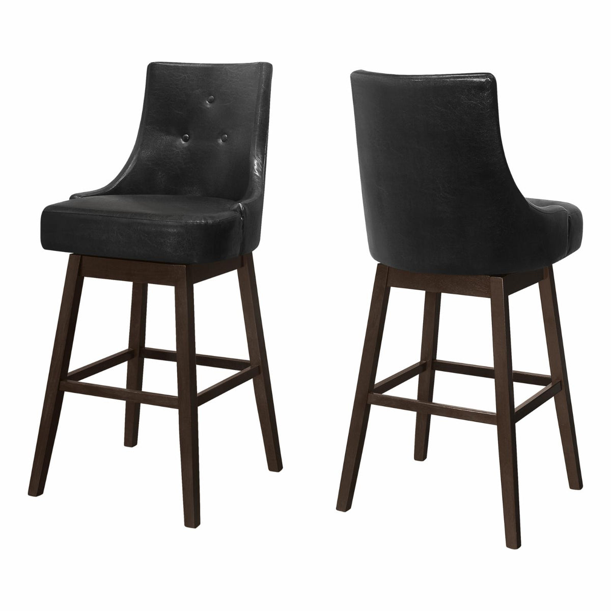 Bar Stool, Set Of 2, Swivel, Bar Height, Brown Wood, Black PU, 45.5" H F472634