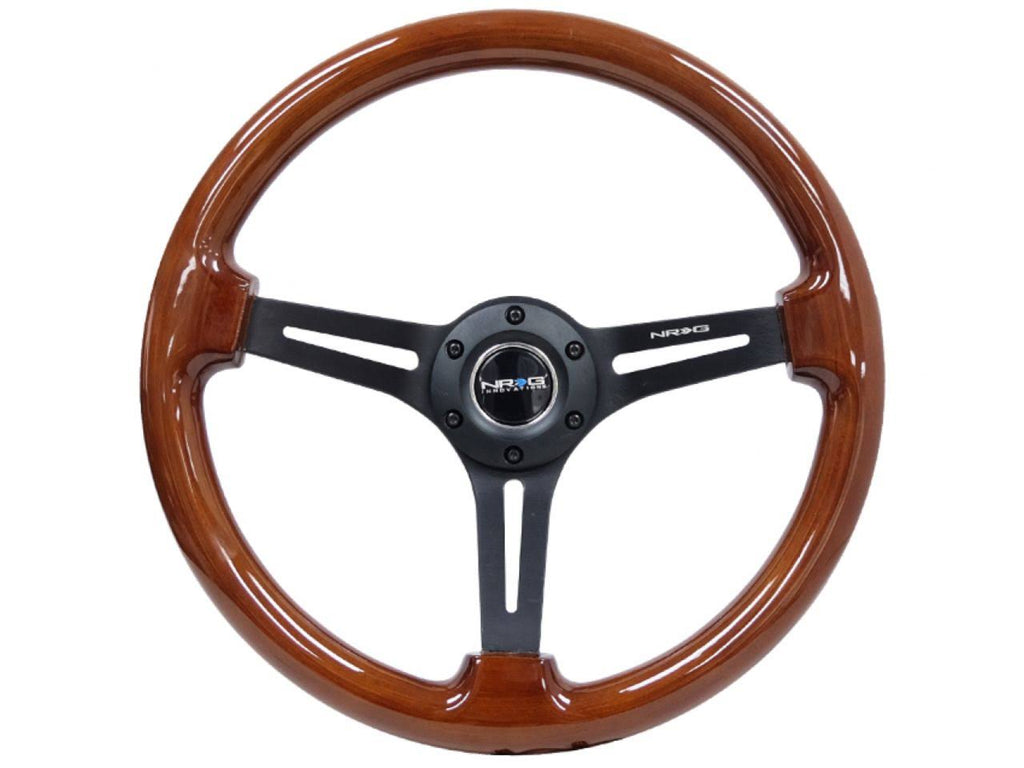 3-Spoke 350mm Brown Wood Grain Steering Wheel with Black Matte Spokes W650