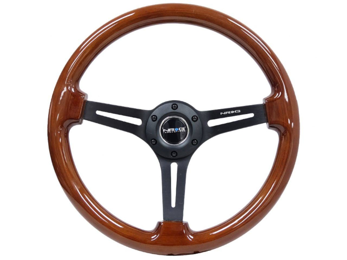 3-Spoke 350mm Brown Wood Grain Steering Wheel with Black Matte Spokes W650