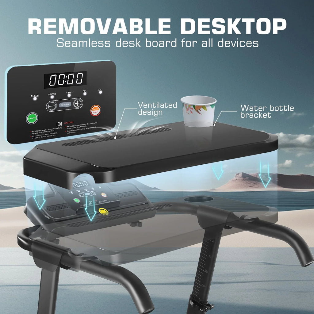 Folding Treadmill with Removable Desk, Adjustable Height, 300lb Weight Capacity, White Y455
