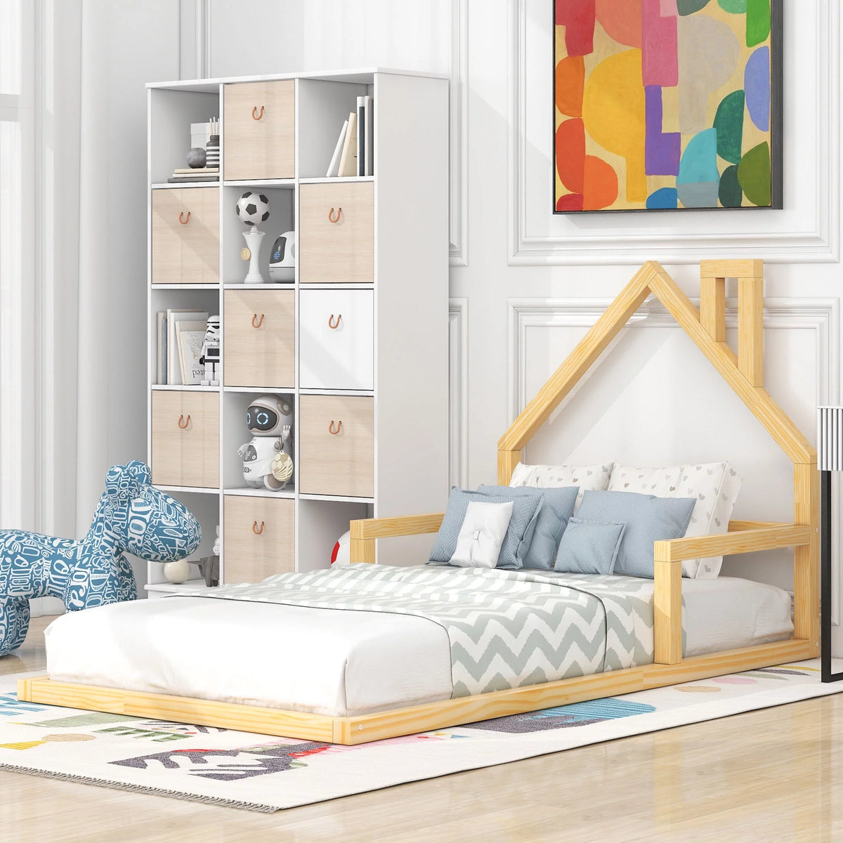 Twin Size Floor Bed with House-Shaped Headboard F932