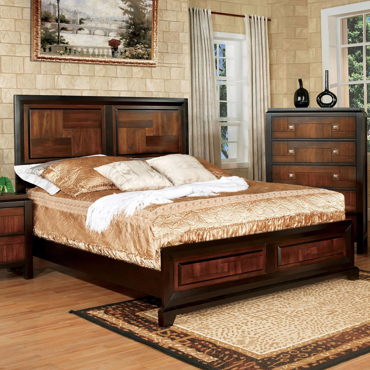 Walnut Acacia Finish 3pc Eastern King Size Bed and 2 Nightstands T80787